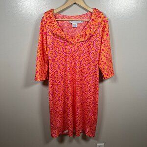 Gretchen Scott Ruff Neck Jersey Dress Size XL Preppy Orange Pink Ruffle Travel